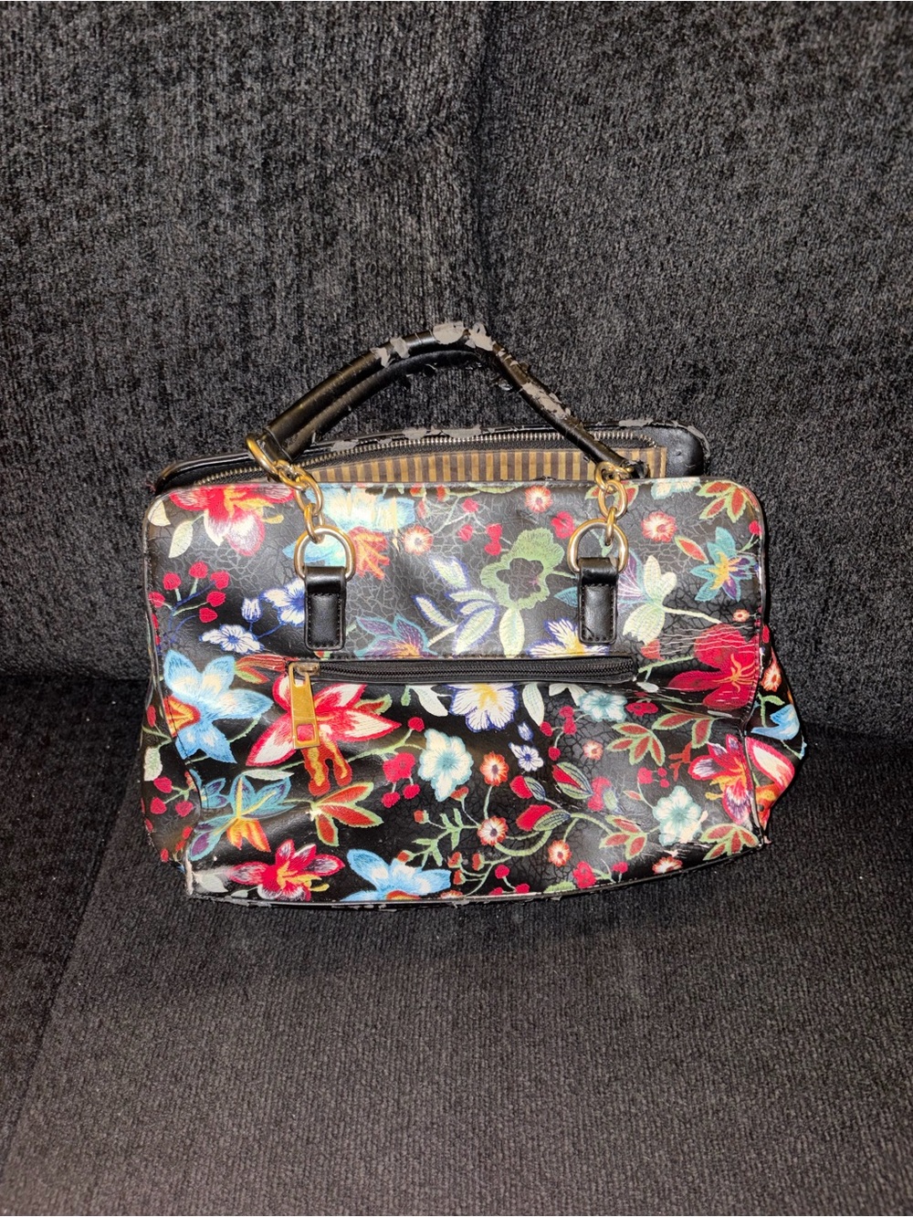 Black Floral Satchel Handbag with Top Handle